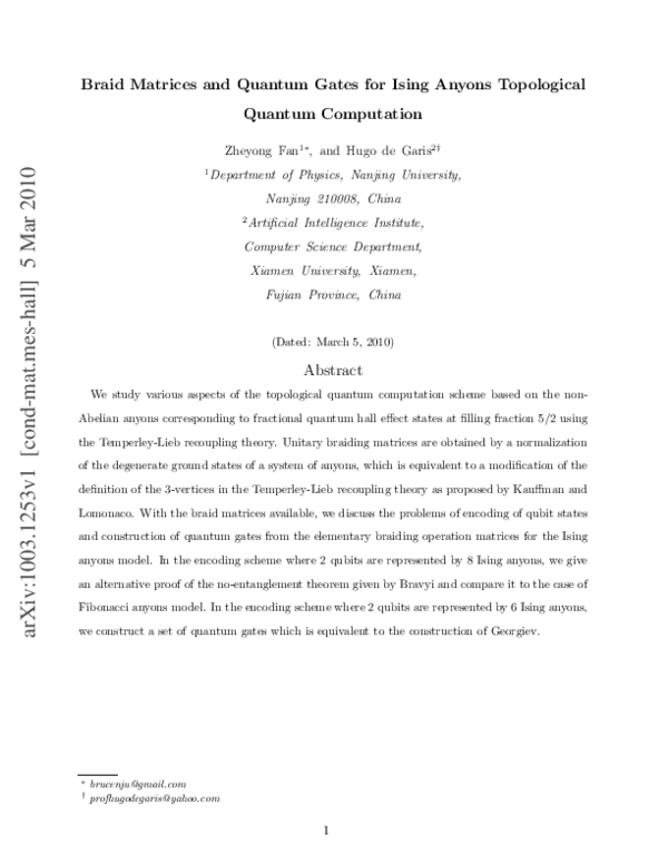 (PDF) Braid matrices and quantum gates for Ising anyons topological ...