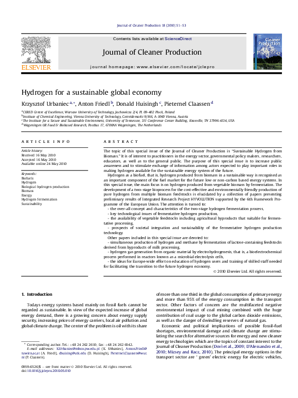 (PDF) Hydrogen for a sustainable global economy