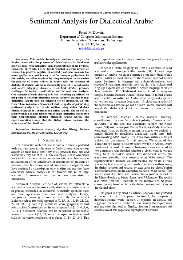 (PDF) Sentiment analysis for dialectical Arabic