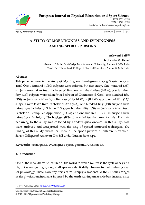 (PDF) A STUDY OF MORNINGNESS AND EVENINGNESS AMONG SPORTS PERSONS