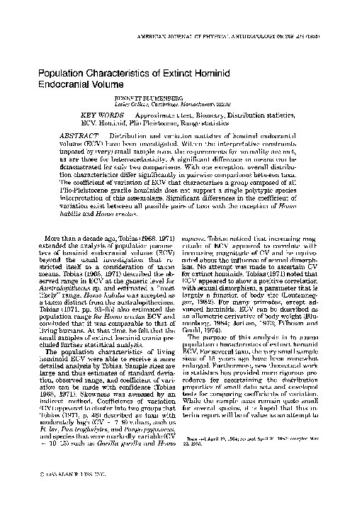 (PDF) Population characteristics of extinct hominid endocranial volume