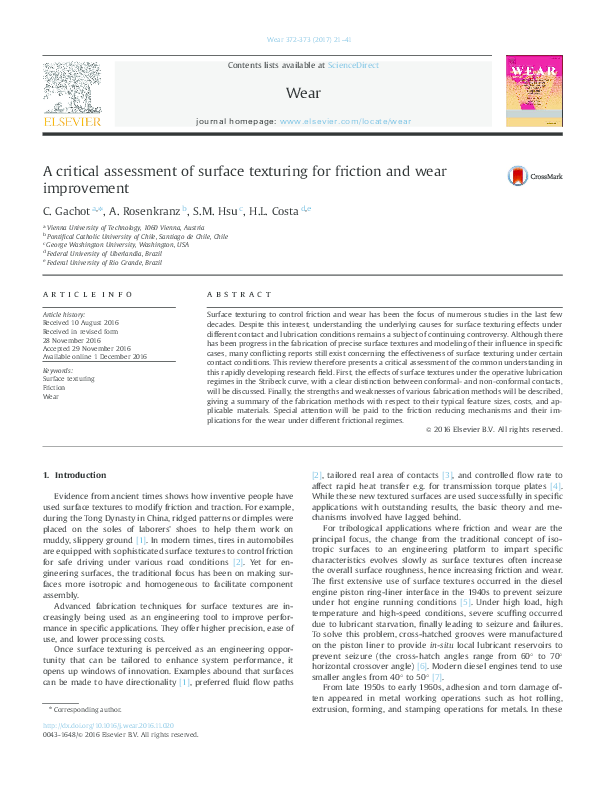 (PDF) A critical assessment of surface texturing for friction and wear ...