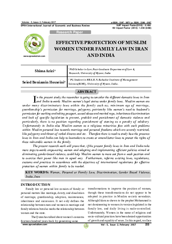 (PDF) EFFECTIVE PROTECTION OF MUSLIM WOMEN UNDER FAMILY LAW IN IRAN AND ...