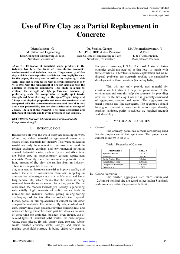 (PDF) Use of Fire Clay as a Partial Replacement in Concrete