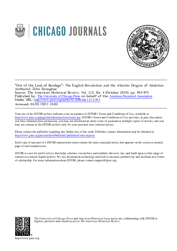 "'Out of the Land of Bondage': The English Revolution and the Atlantic Origins of Abolition," American Historical Review vol. 115, no. 4 (2010)