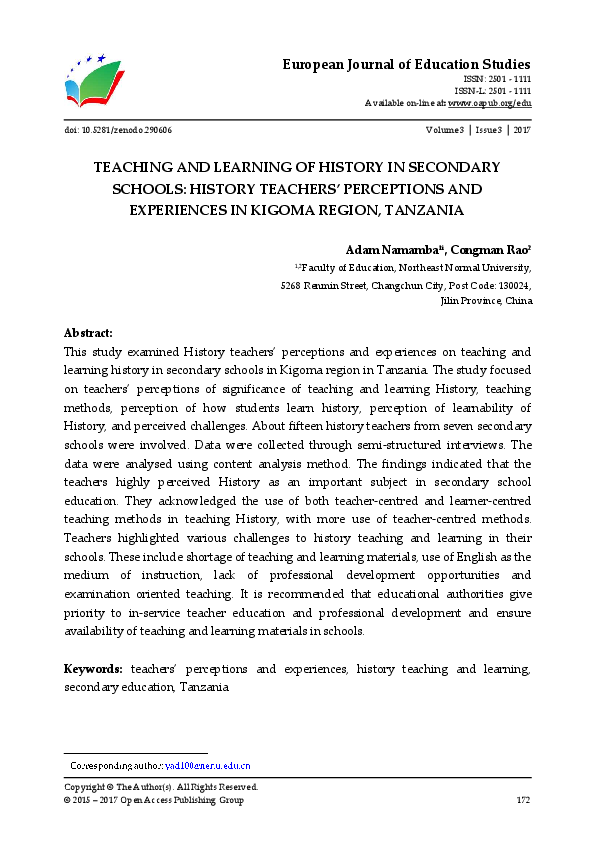 (PDF) TEACHING AND LEARNING OF HISTORY IN SECONDARY SCHOOLS HISTORY