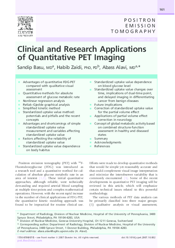(PDF) Clinical and Research Applications of Quantitative PET Imaging