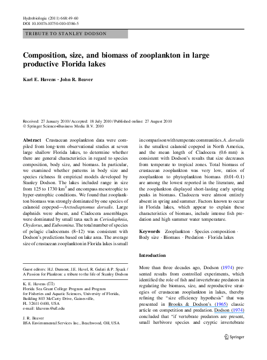 (PDF) Composition, size, and biomass of zooplankton in large productive ...