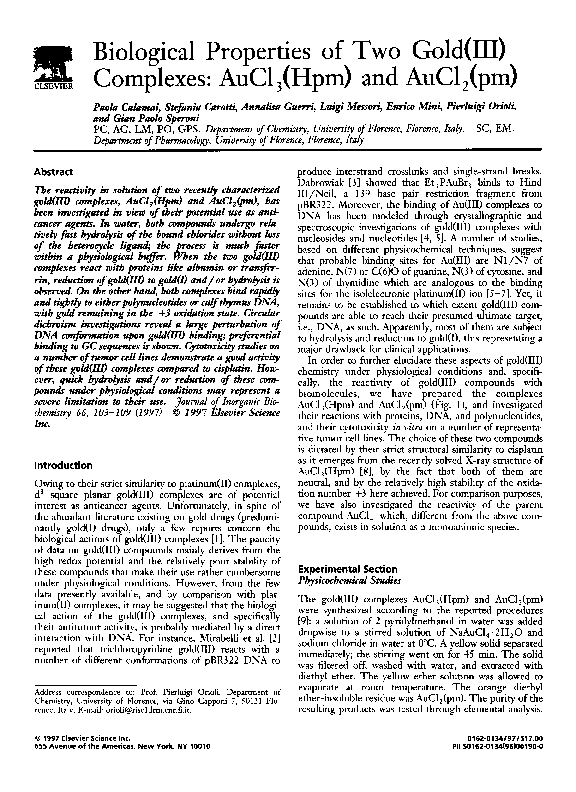 (PDF) Biological properties of two gold(III) complexes: AuCl3 (Hpm) and ...