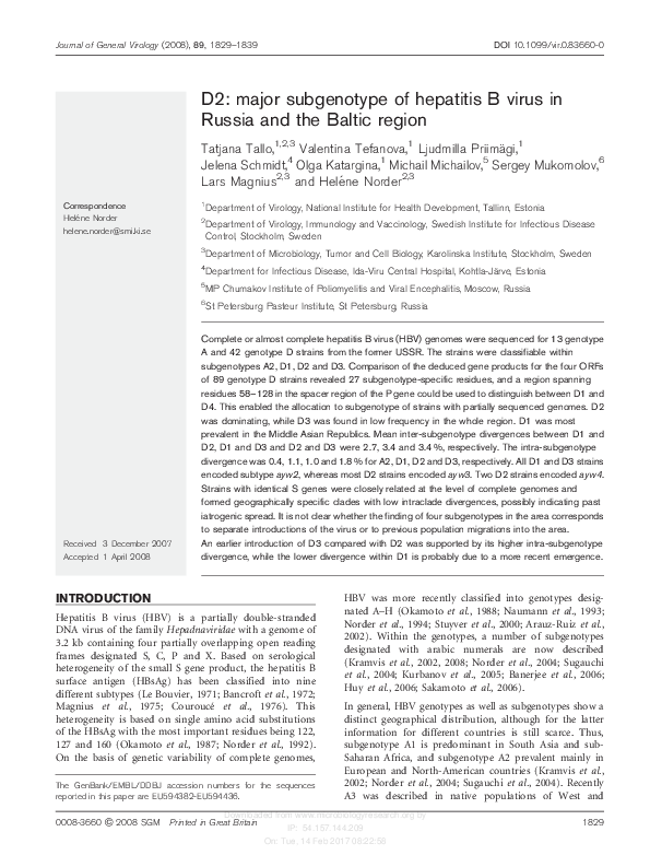 (PDF) D2: major subgenotype of hepatitis B virus in Russia and the ...