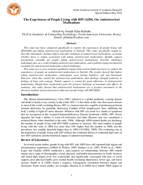 (PDF) The Experiences of People Living with HIV/AIDS, On Antiretroviral ...