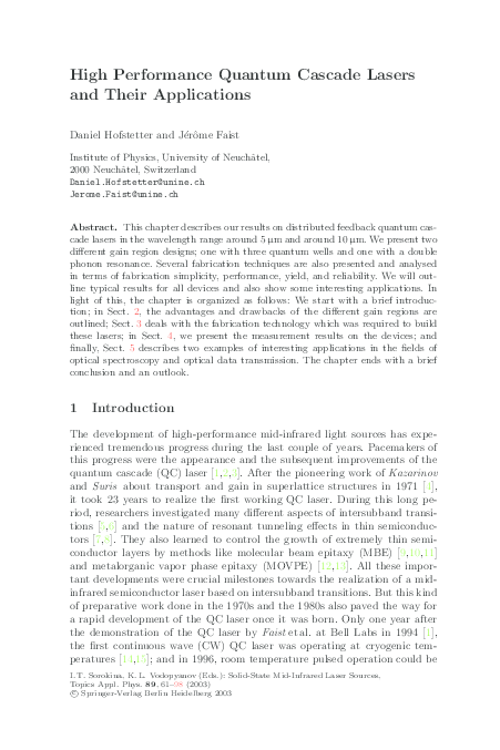 (PDF) High Performance Quantum Cascade Lasers and Their Applications