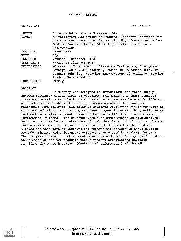 (PDF) A Comparative Assessment of Student Classroom Behaviors and ...