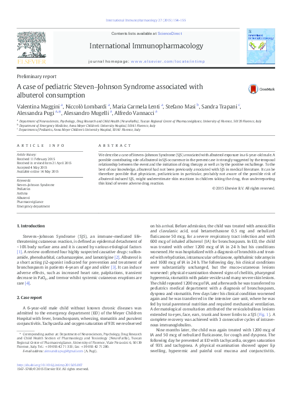 (PDF) A case of pediatric StevenJohnson Syndrome associated with albuterol consumption