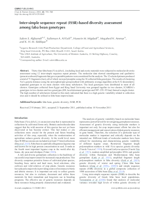 (PDF) Inter-simple sequence repeat (ISSR)-based diversity assessment ...