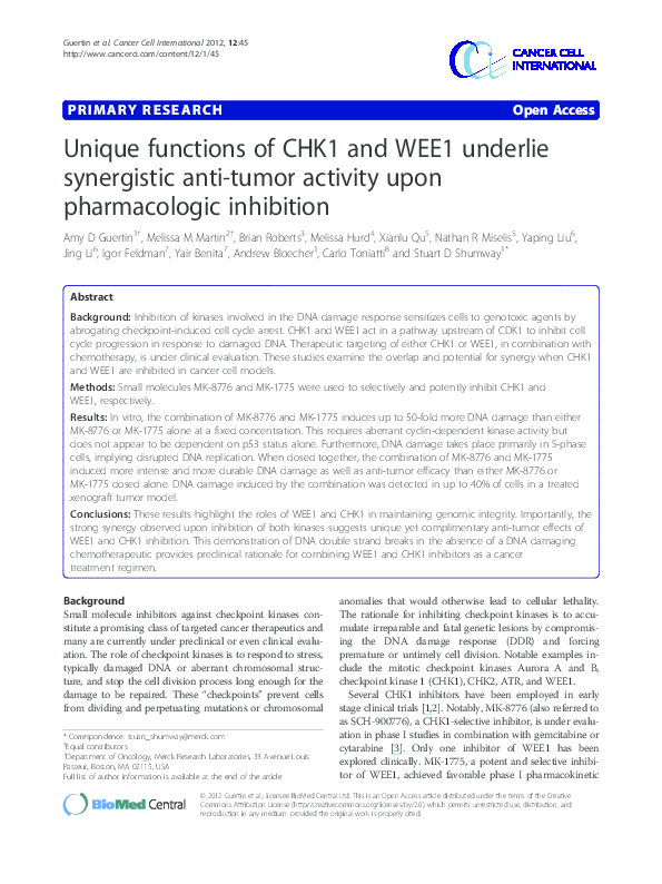 (PDF) Unique functions of CHK1 and WEE1 underlie synergistic anti-tumor ...