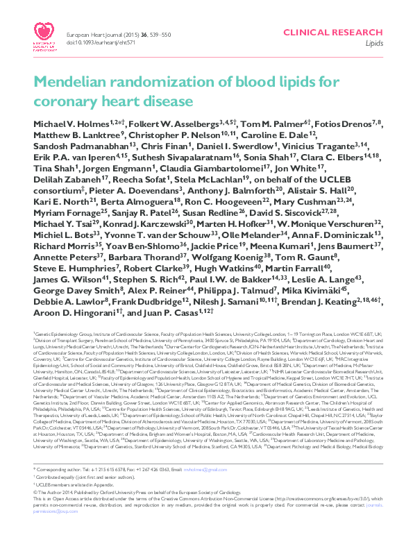 (PDF) Mendelian randomization of blood lipids for coronary heart disease