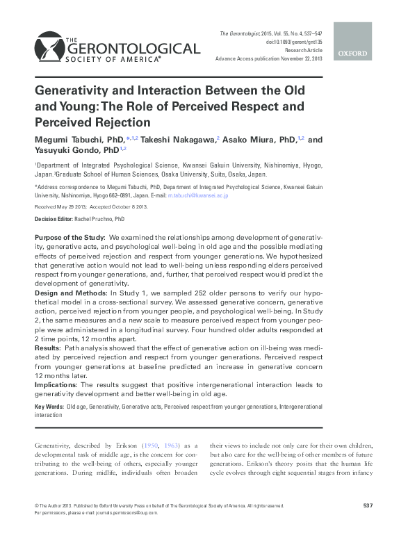 (PDF) Generativity and Interaction Between the Old and Young: The Role ...