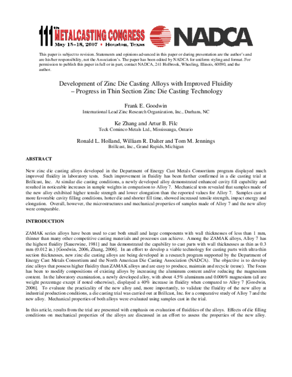 (PDF) Development of Zinc Die Casting Alloys with Improved Fluidity