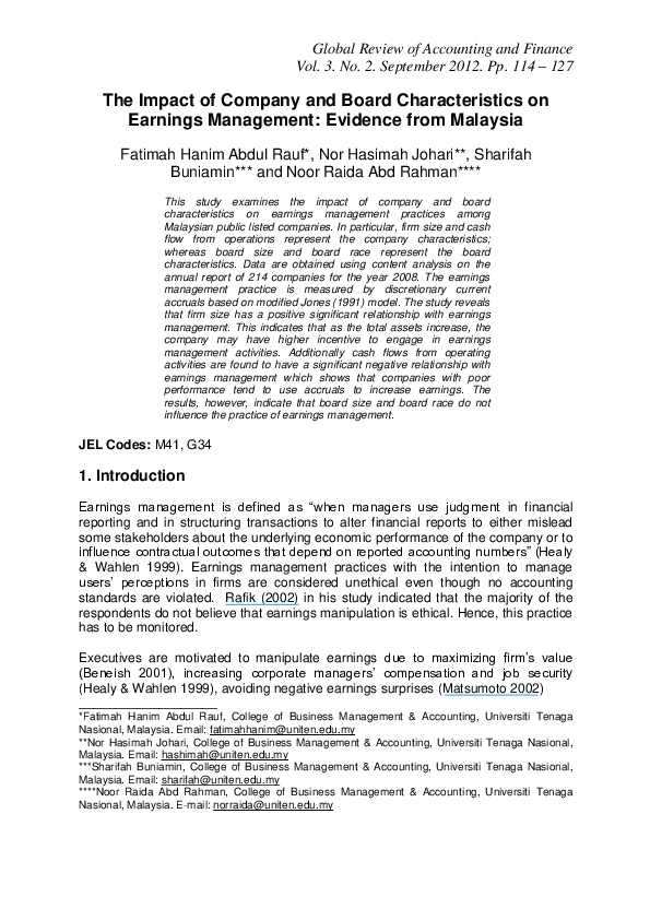 (PDF) The Impact of Company and Board Characteristics on Earnings ...