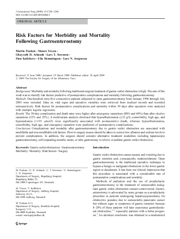 (PDF) Risk Factors for Morbidity and Mortality Following Gastroenterostomy