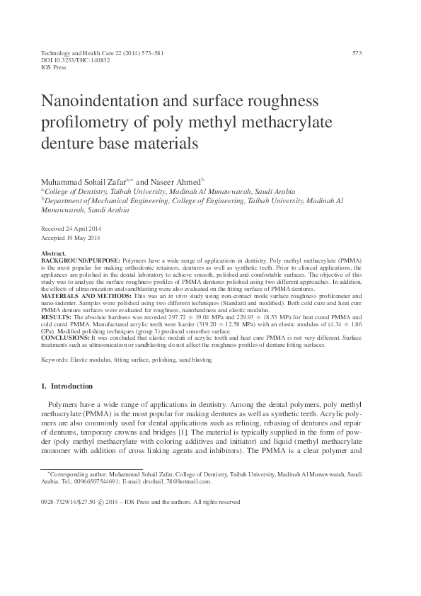 (PDF) Nanoindentation and surface roughness profilometry of poly methyl