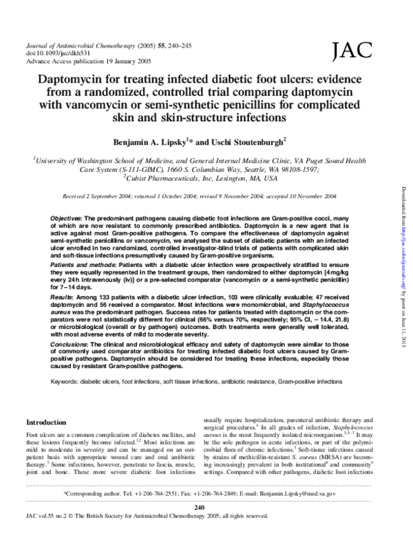 (PDF) Daptomycin for treating infected diabetic foot ulcers: evidence ...