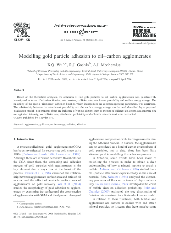 (PDF) Modelling gold particle adhesion to oil–carbon agglomerates