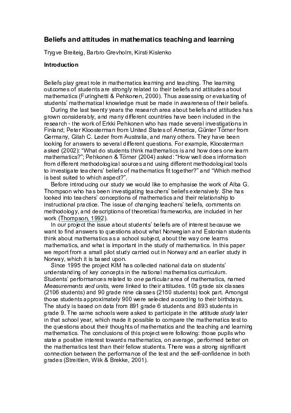 (PDF) Beliefs and attitudes in mathematics teaching and learning