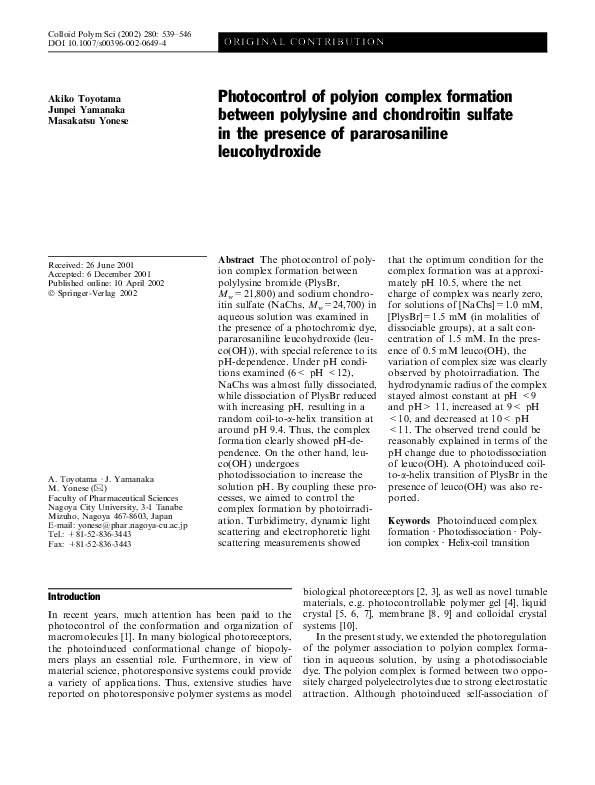 (PDF) Photocontrol of polyion complex formation between polylysine and ...