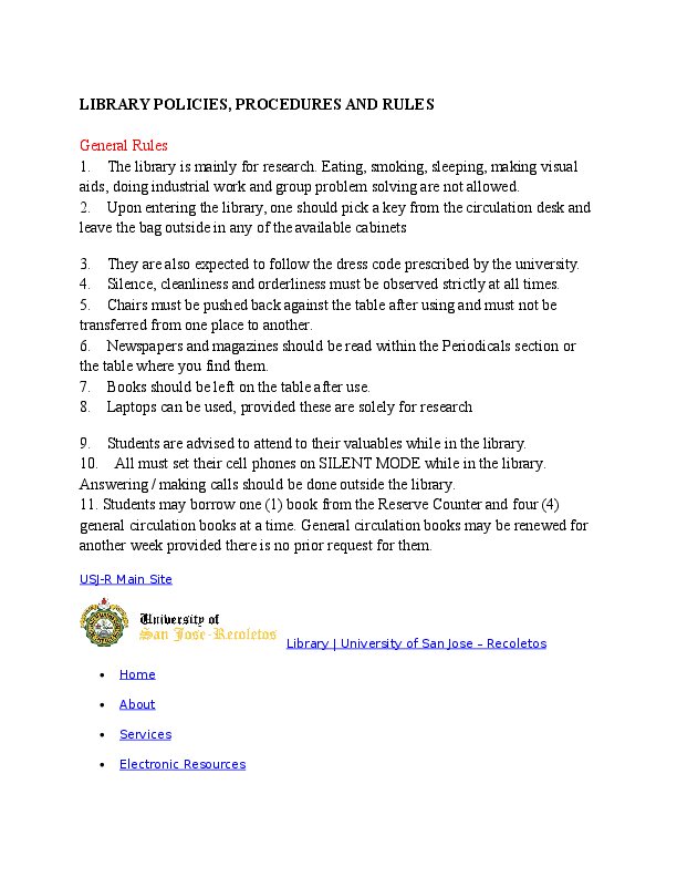 (DOC) LIBRARY POLICIES, PROCEDURES AND RULES General Rules