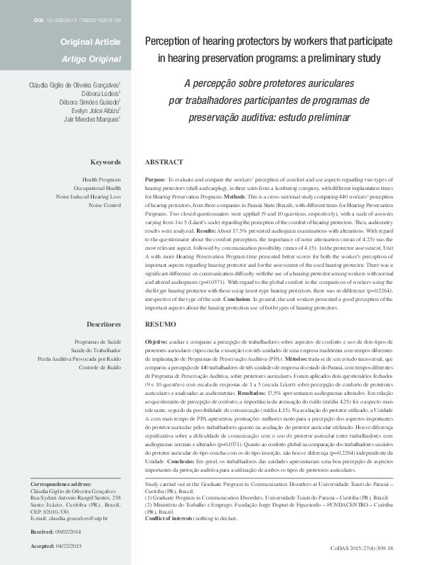 (PDF) Perception of hearing protectors by workers that participate in ...