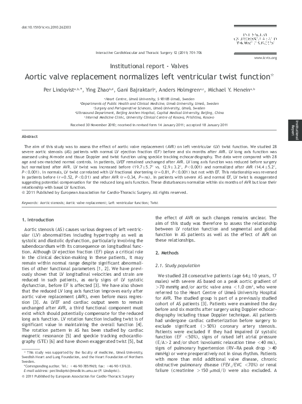 (PDF) Aortic valve replacement normalizes left ventricular twist function