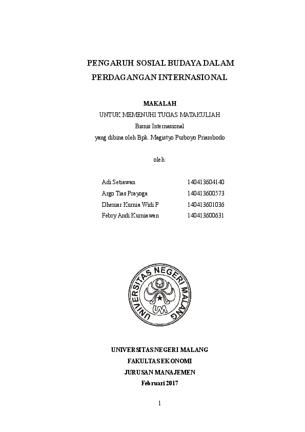 Doc Pengaruh Sosial Budaya Dalam Perdagangan Internasional Dheniar Widi Academia Edu