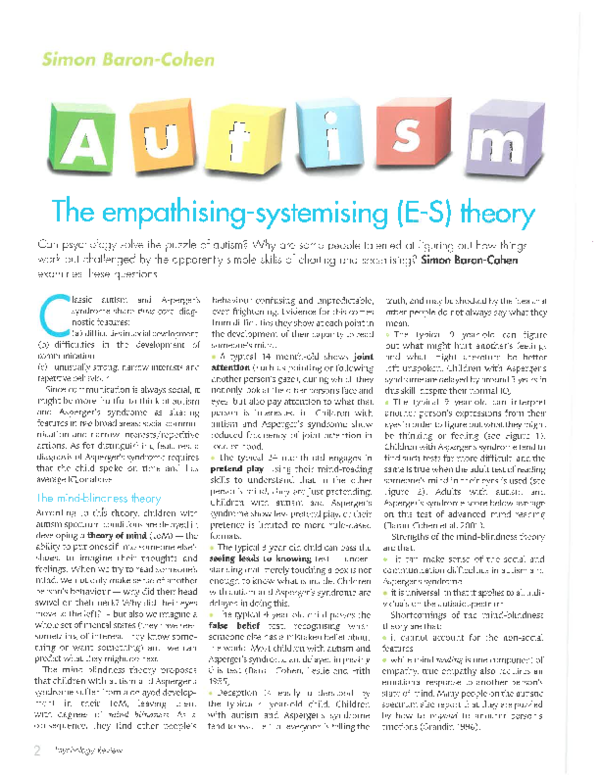 (PDF) Autism: The empathising-systemising (E-S) theory
