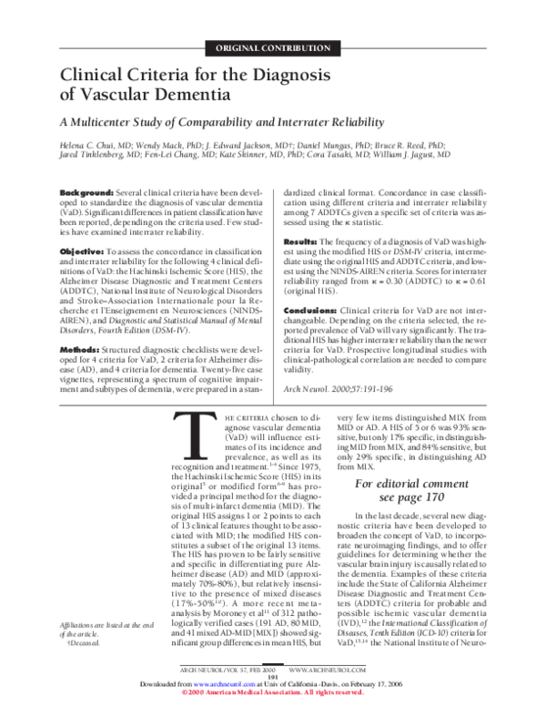 (PDF) Clinical Criteria for the Diagnosis of Vascular Dementia Helena