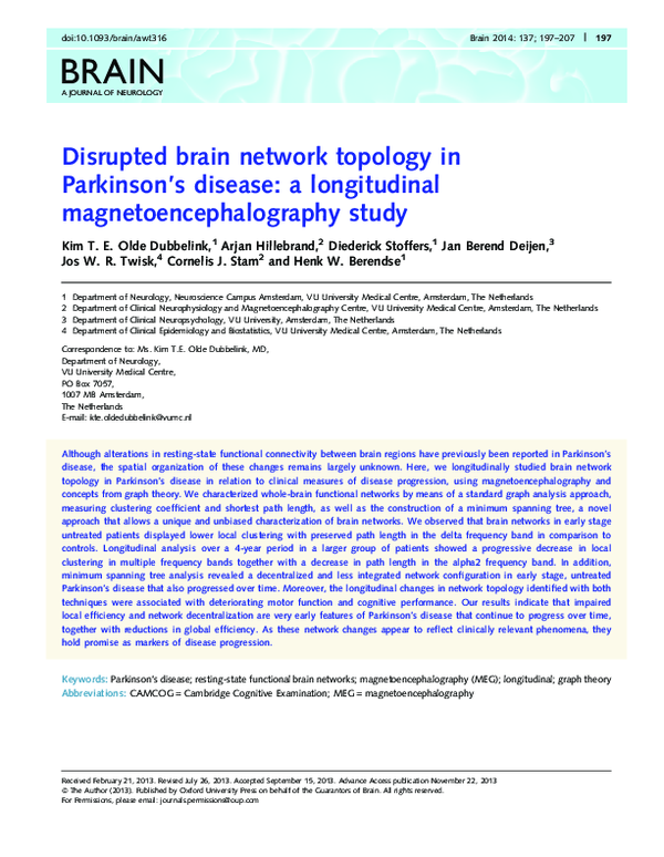 (PDF) Disrupted brain network topology in Parkinson's disease: a ...
