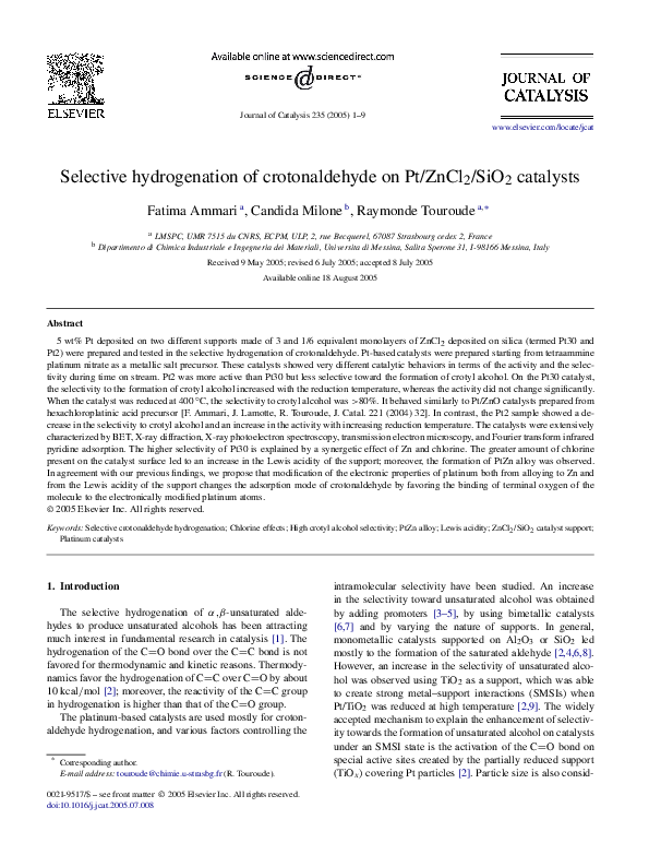 (PDF) Selective hydrogenation of crotonaldehyde on Pt/ZnCl/SiO catalysts