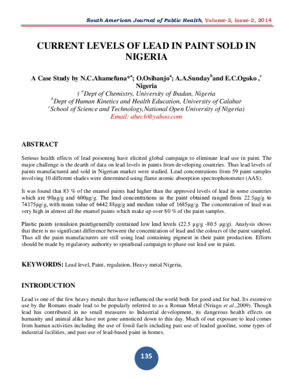 (PDF) CURRENT LEVELS OF LEAD IN PAINT SOLD IN NIGERIA A Case Study by