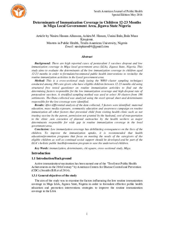(PDF) Determinants of Immunization Coverage in Children 12-23 Months in ...