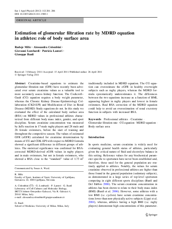 (PDF) Estimation of glomerular filtration rate by MDRD equation in