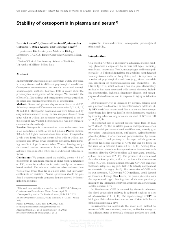 (PDF) Stability of osteopontin in plasma and serum 1