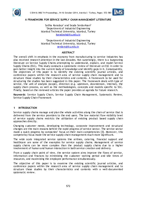 PDF) A Framework for Service Supply Chain Management Literature