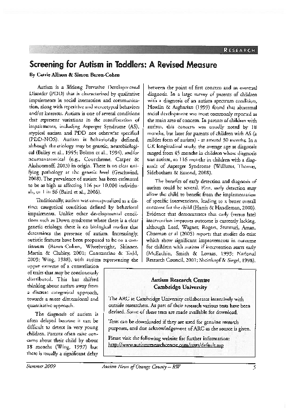 (PDF) Screening for Autism in Toddlers: A Revised Measure