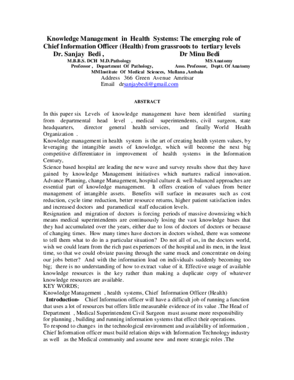 (PDF) KNOWLEDGE MANAGEMENT IN HEALTH SYSTEMS: THE EMERGING ROLE OF ...