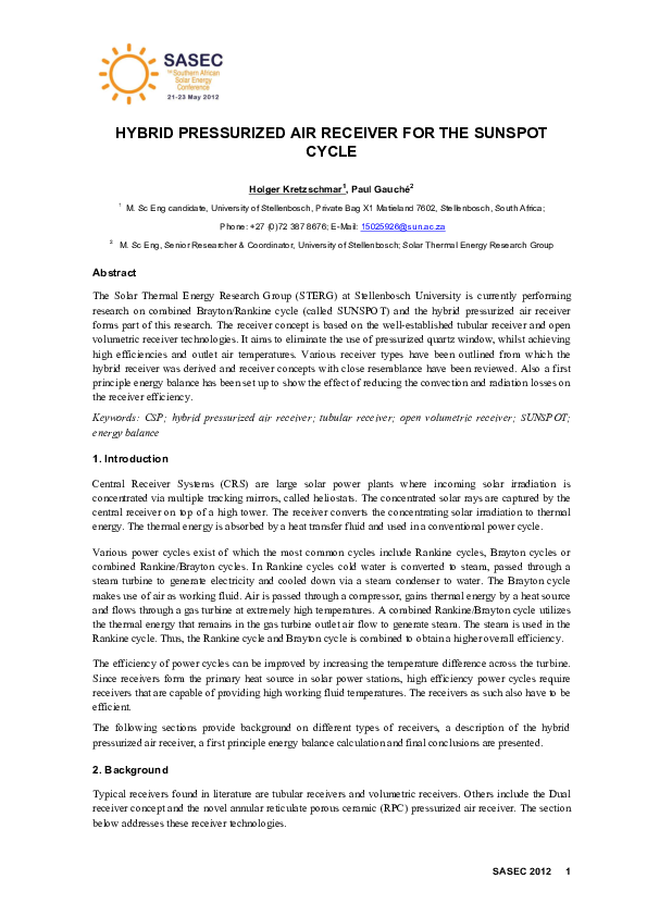 Pdf Hybrid Pressurized Air Receiver For The Sunspot Cycle
