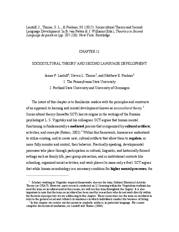 PDF) Lantolf, J., Thorne, S. L., & Poehner, M. (2015