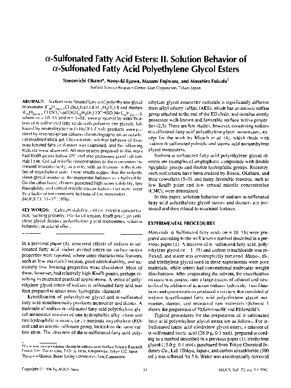(PDF) αsulfonated fatty acid esters II. Solution behavior of αsulfonated fatty acid