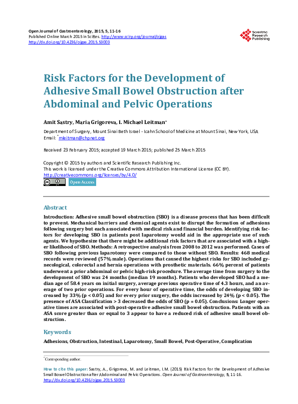 (PDF) Risk Factors for the Development of Adhesive Small Bowel