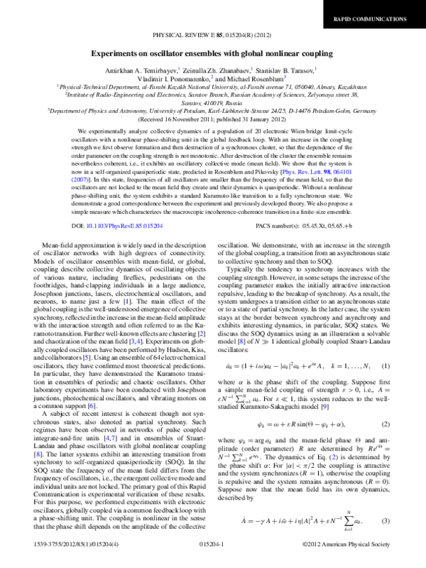 (PDF) Experiments on oscillator ensembles with global
